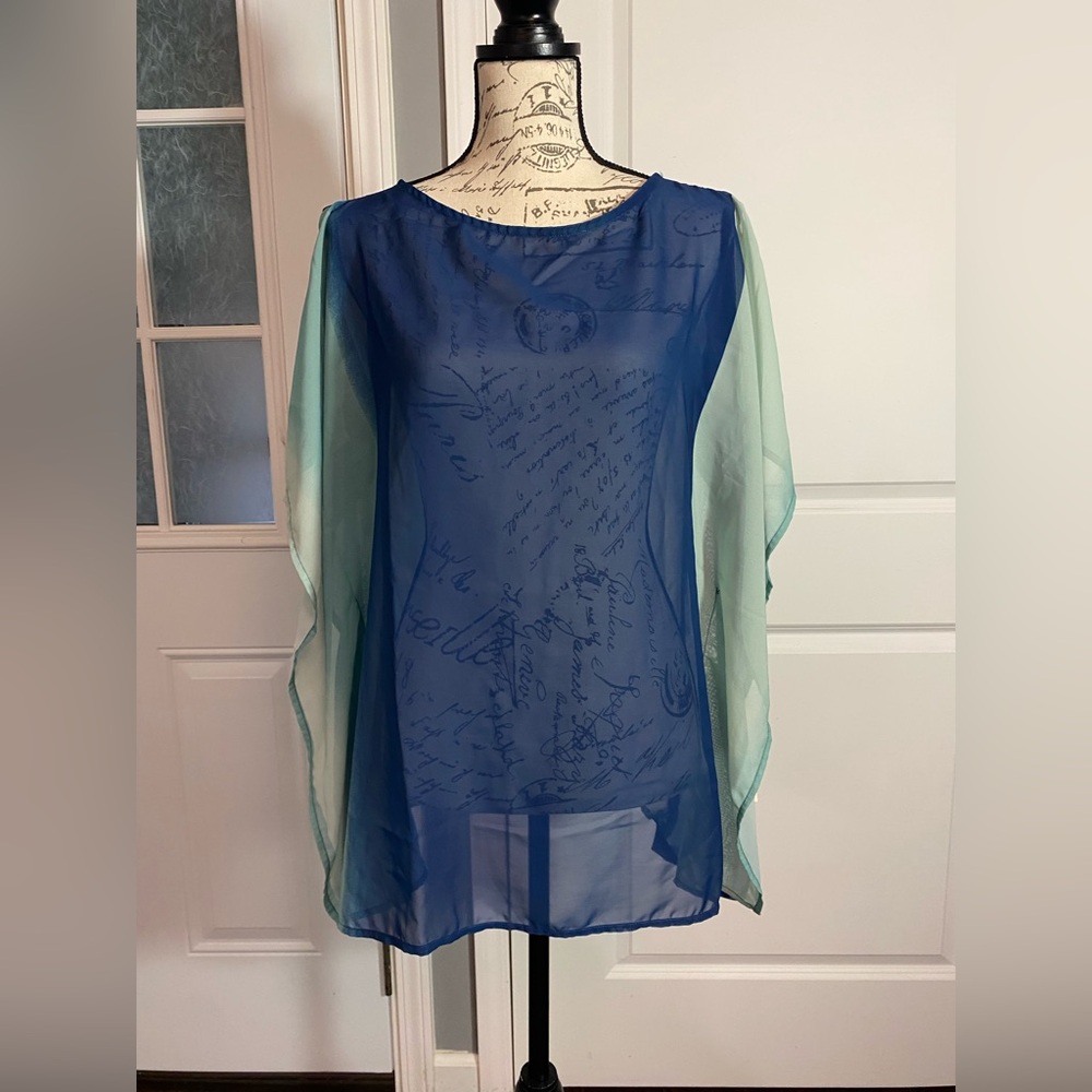 Young USA‎ Blue and Green Sheer Chiffon Top/Cover-up/Kimono Large/L A